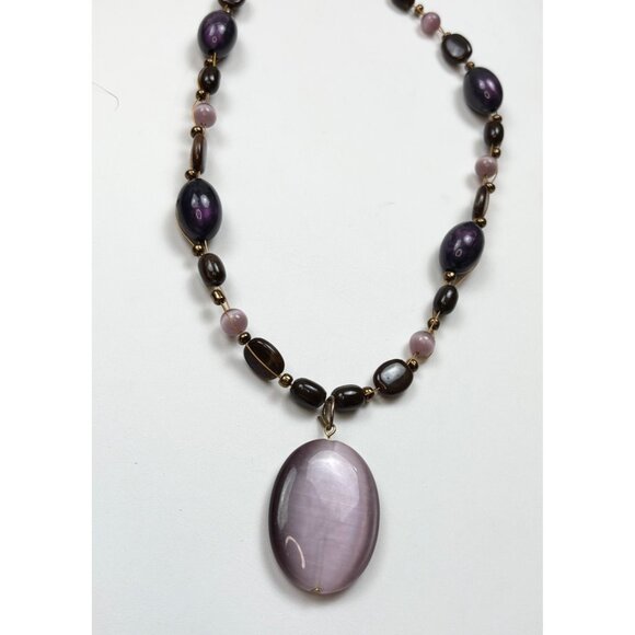 Purple & Brown Beaded Necklace With Large Glass Center Pendant - Picture 1 of 6